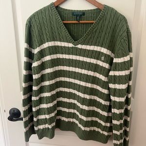 3X Ralph Lauren 100% Cotton V-Neck Sweater Sage Green & Ivory Striped Cable Knit